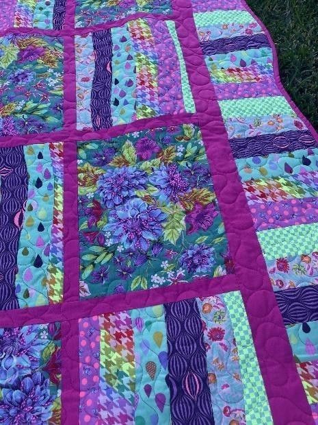 Quilt With Purple Floral Squares — Lyn-Jelle Crafts in Emu Park, QLD