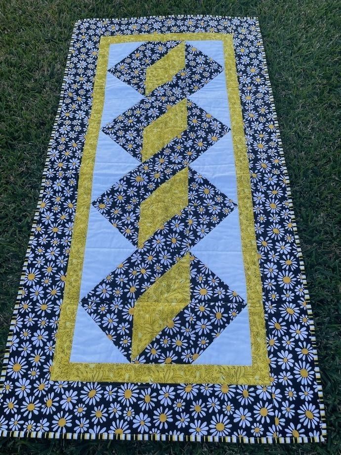 Daisy-print Table Runner With Yellow and Blue Geometric Design — Lyn-Jelle Crafts in Emu Park, QLD