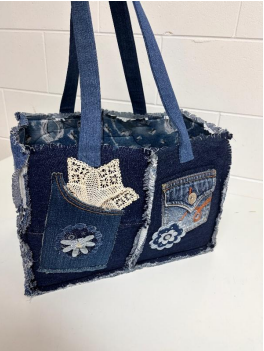 Blue Denim Tote Bag With Long Straps and Patch Decorations — Lyn-Jelle Crafts in Emu Park, QLD