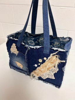 Blue Tote Bag With Frayed Edges and Lace Patches — Lyn-Jelle Crafts in Emu Park, QLD