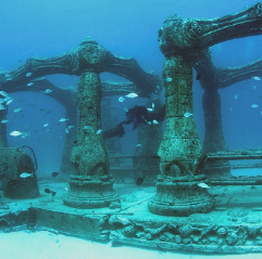 A scuba diver is swimming near a statue in the ocean.
