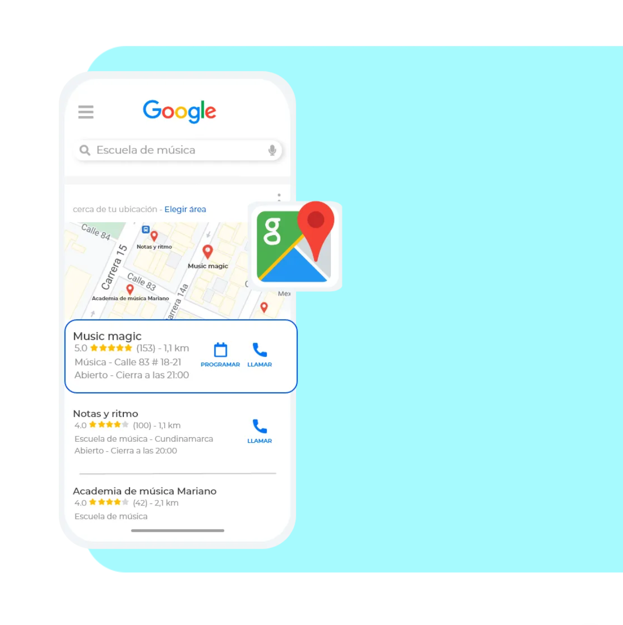 Un teléfono celular está abierto en una página de búsqueda de Google.