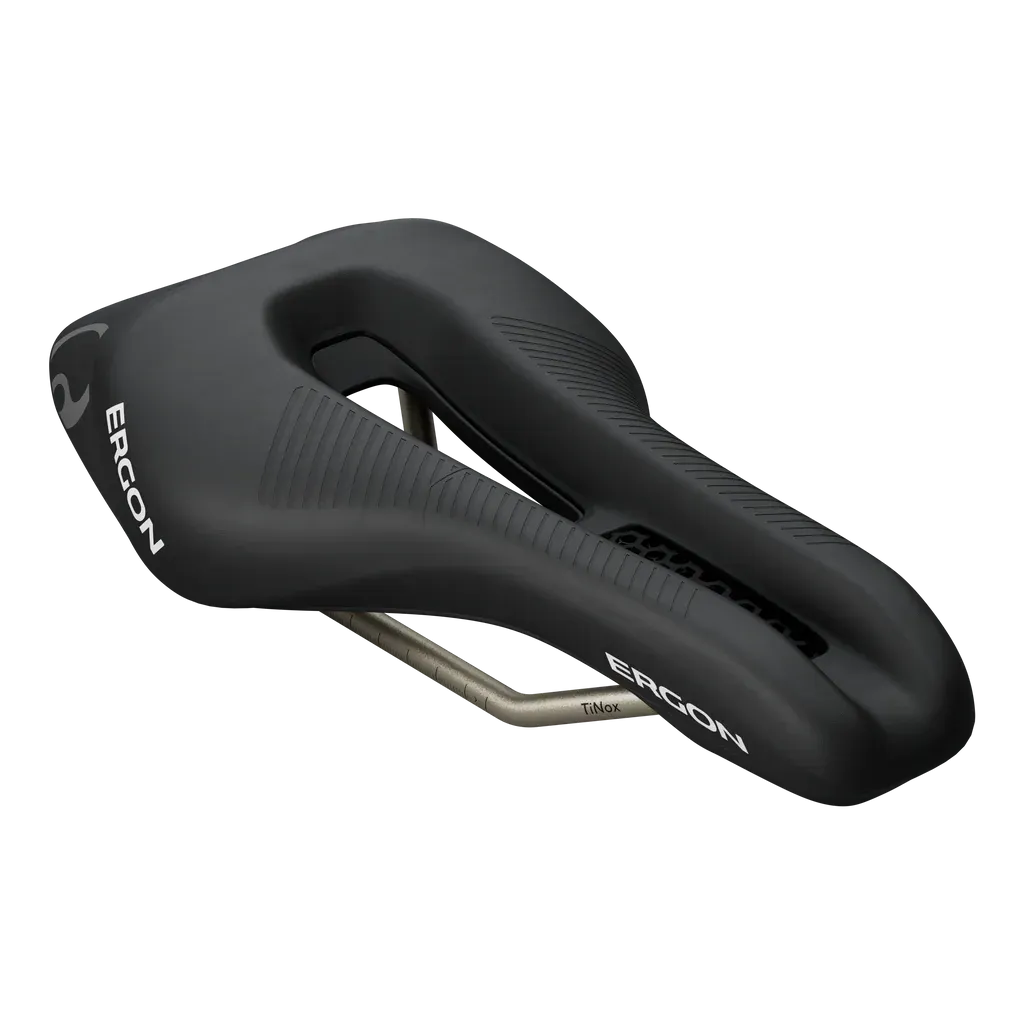 A black bicycle saddle on a white background