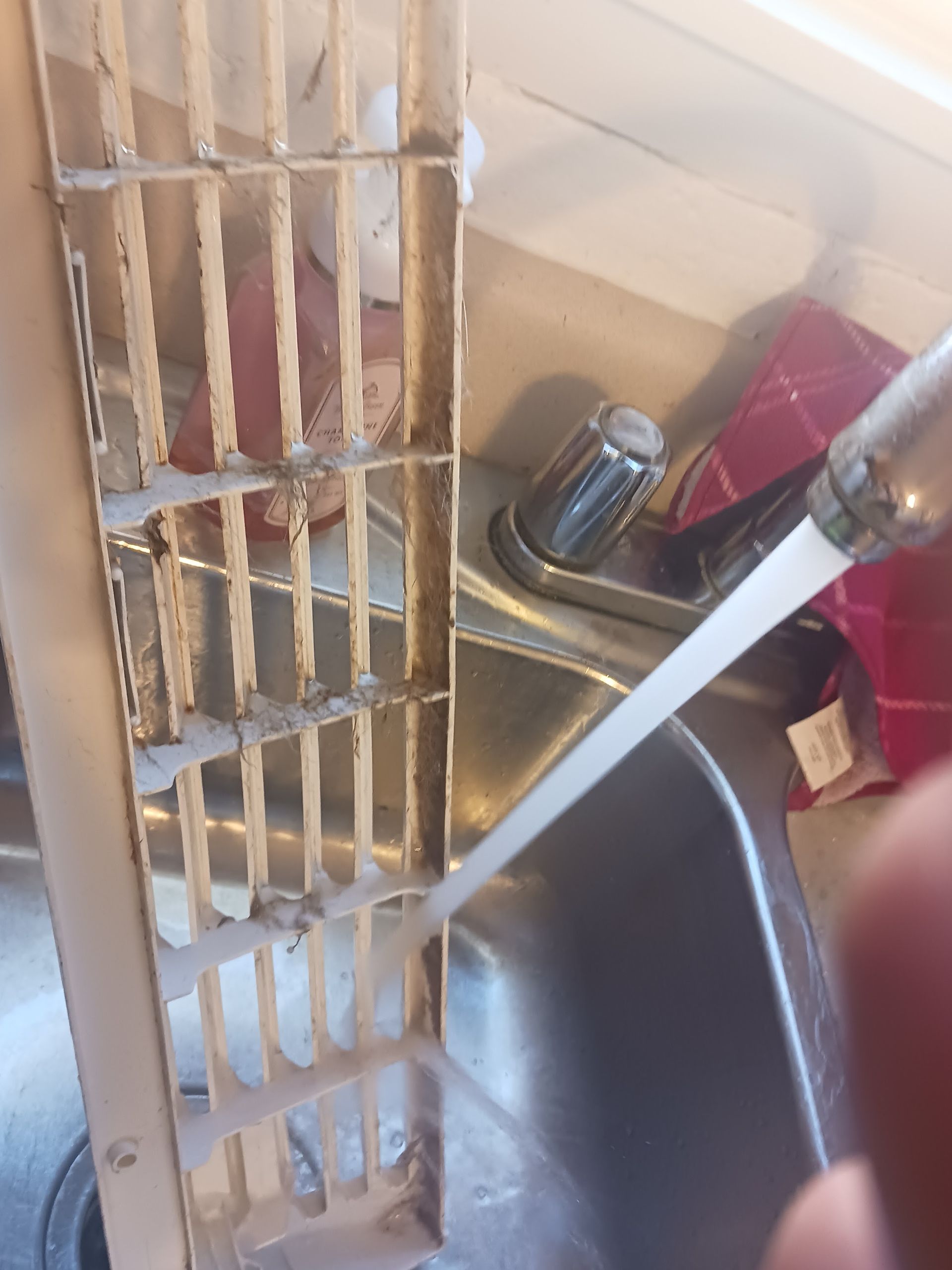 Water spraying onto a white freezer ice maker tray in a kitchen sink.