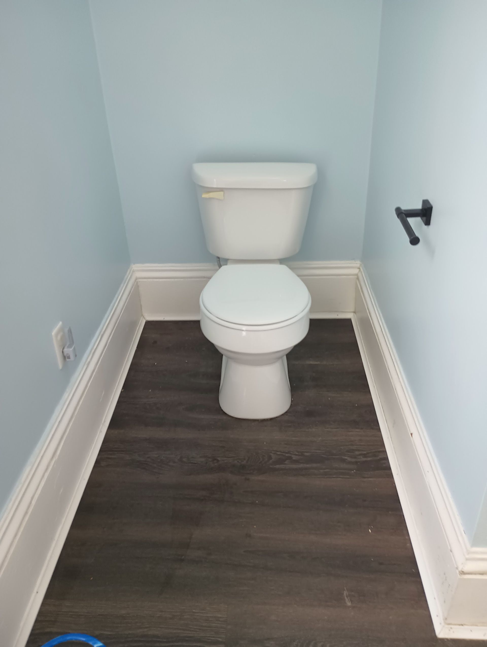 White toilet in a small bathroom with dark wood-look flooring and light blue walls.