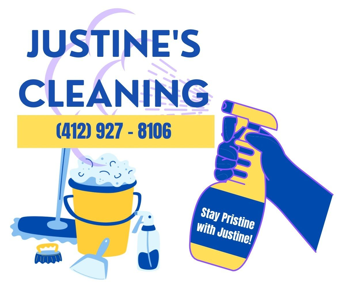 Logo for Justine's Cleaning LLC, featuring a broom inside a house outline, with stars on a blue background.