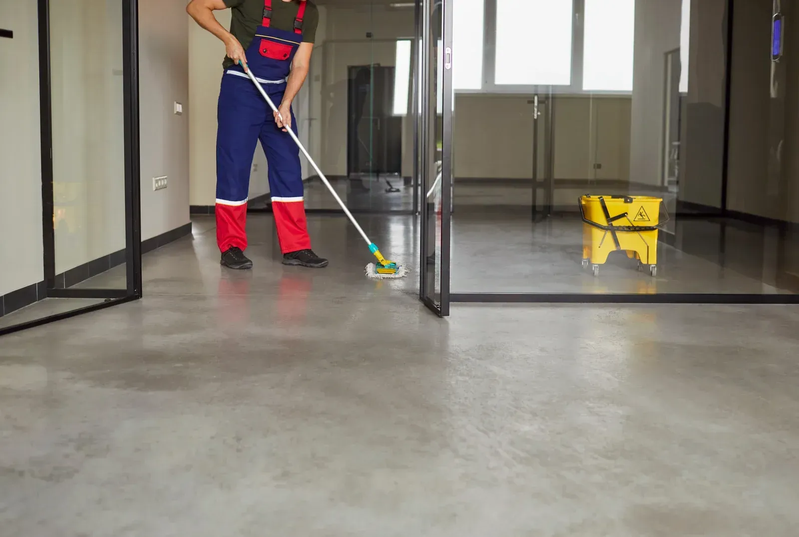 Person mopping a gray floor in a modern office with glass partitions; a yellow bucket is in the background.