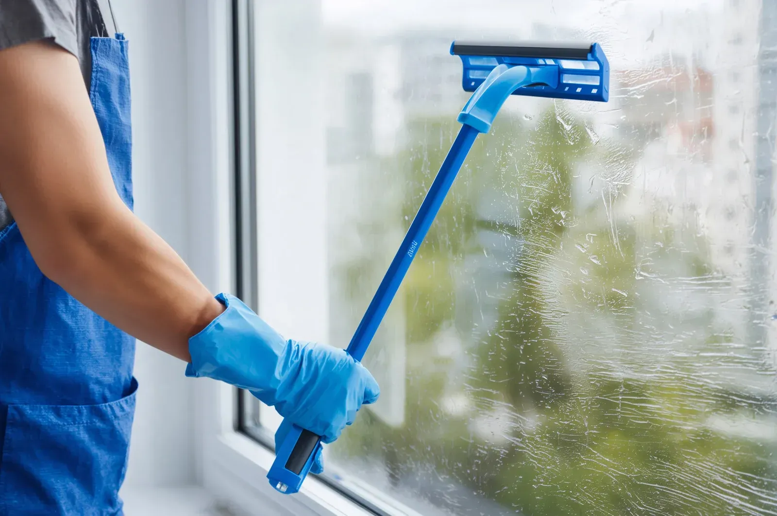 Person in blue apron and gloves uses a window squeegee to clean a window.