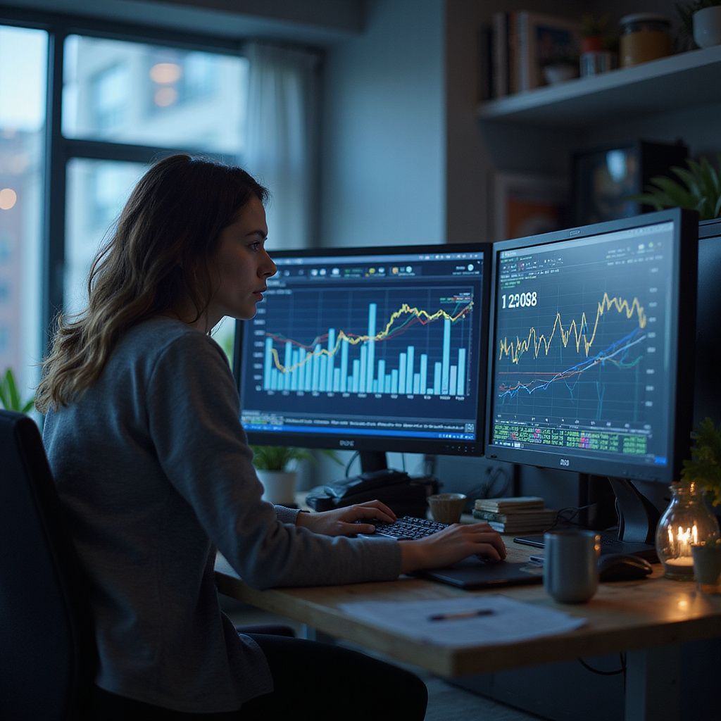 Woman analyzing stock charts on dual computer screens in an office.