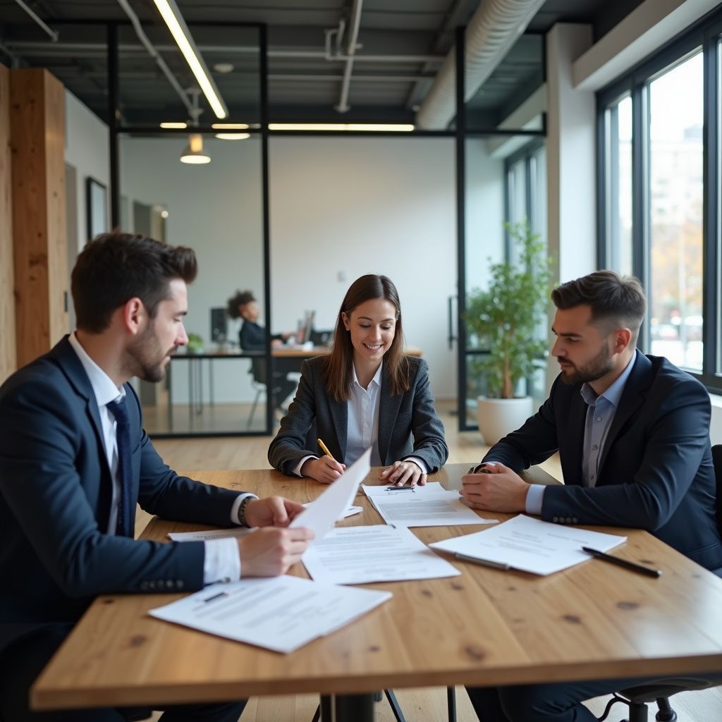 Three businesspeople at a table reviewing papers. Woman smiles while writing. Modern office setting.