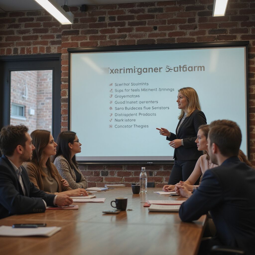 Woman in suit presents to colleagues at a table in a brick-walled room, with a projector screen.