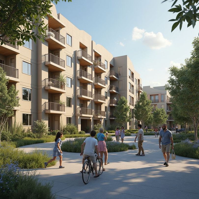 Apartment building with balconies, people walking and biking on a path, trees, sunny day.