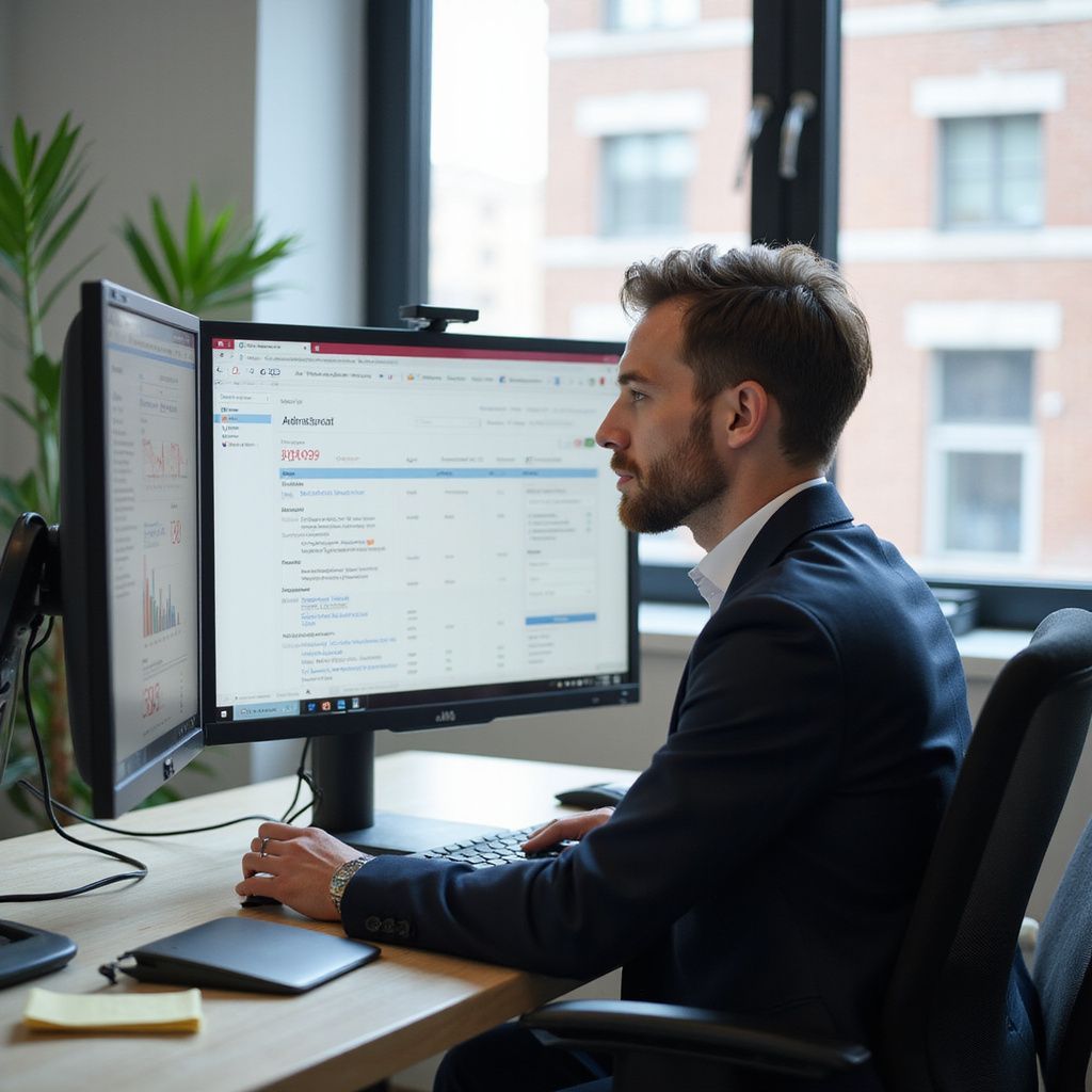 Man in suit working at desk with dual monitors in an office, focused on the screens.