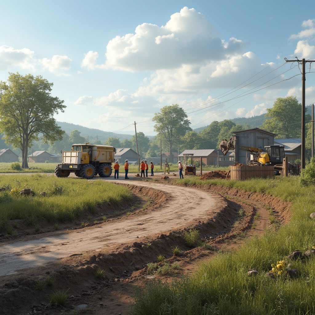 Construction site in a rural area with workers, machinery, and a dirt road under a sunny sky.