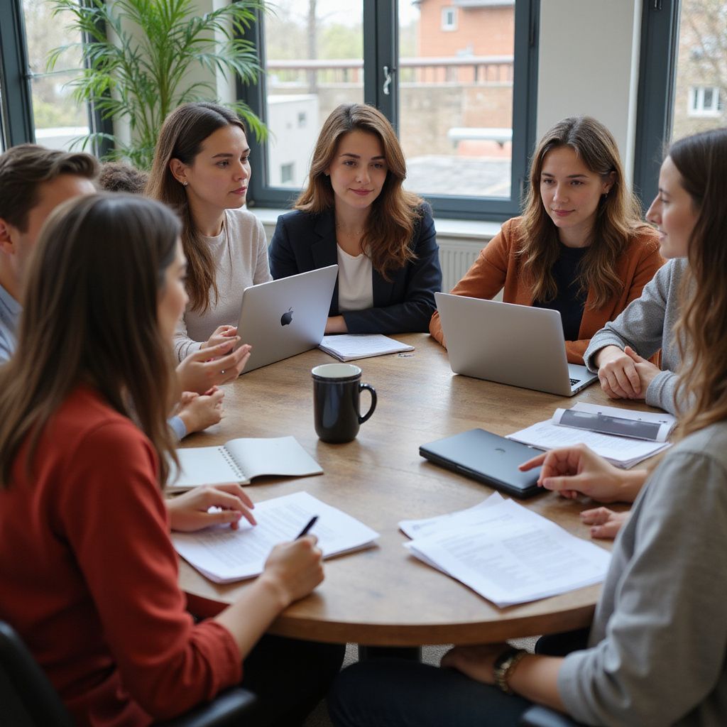 A group of young professionals in an office setting, seated around a round table, collaborating.