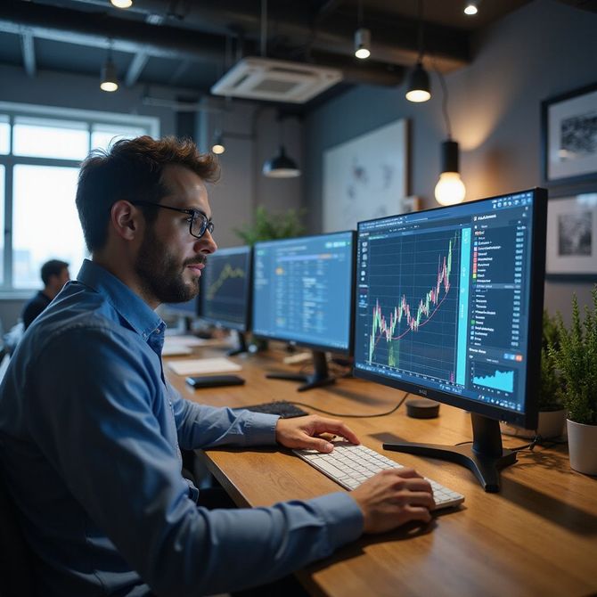 Man in glasses working on computer, viewing stock charts in an office setting.