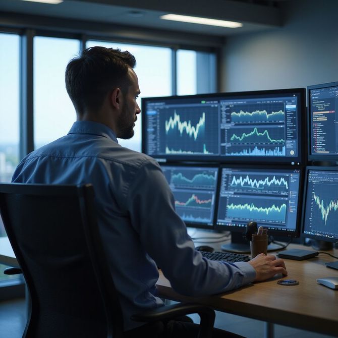 Man at computer, analyzing stock charts on multiple screens in a modern office.
