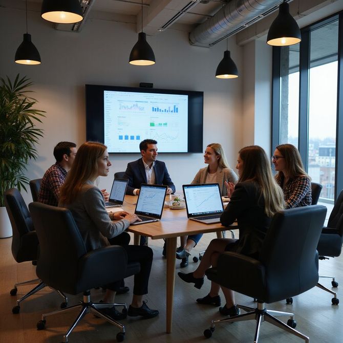 People in a business meeting around a table, with laptops open and data displayed on a large screen.