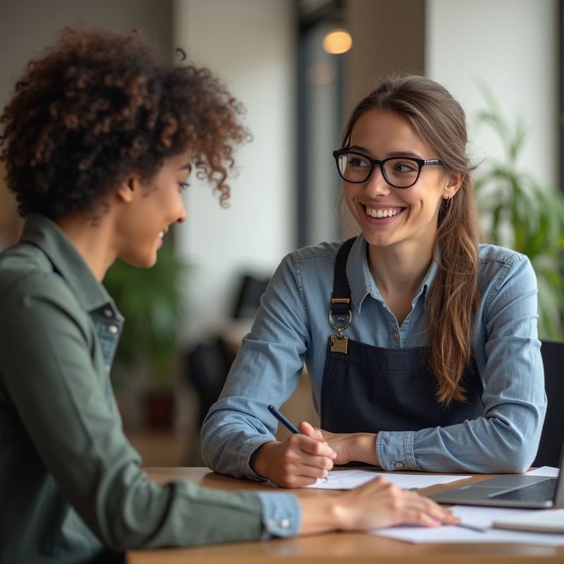 Two women smile while working at a table with papers and a laptop in a cafe.