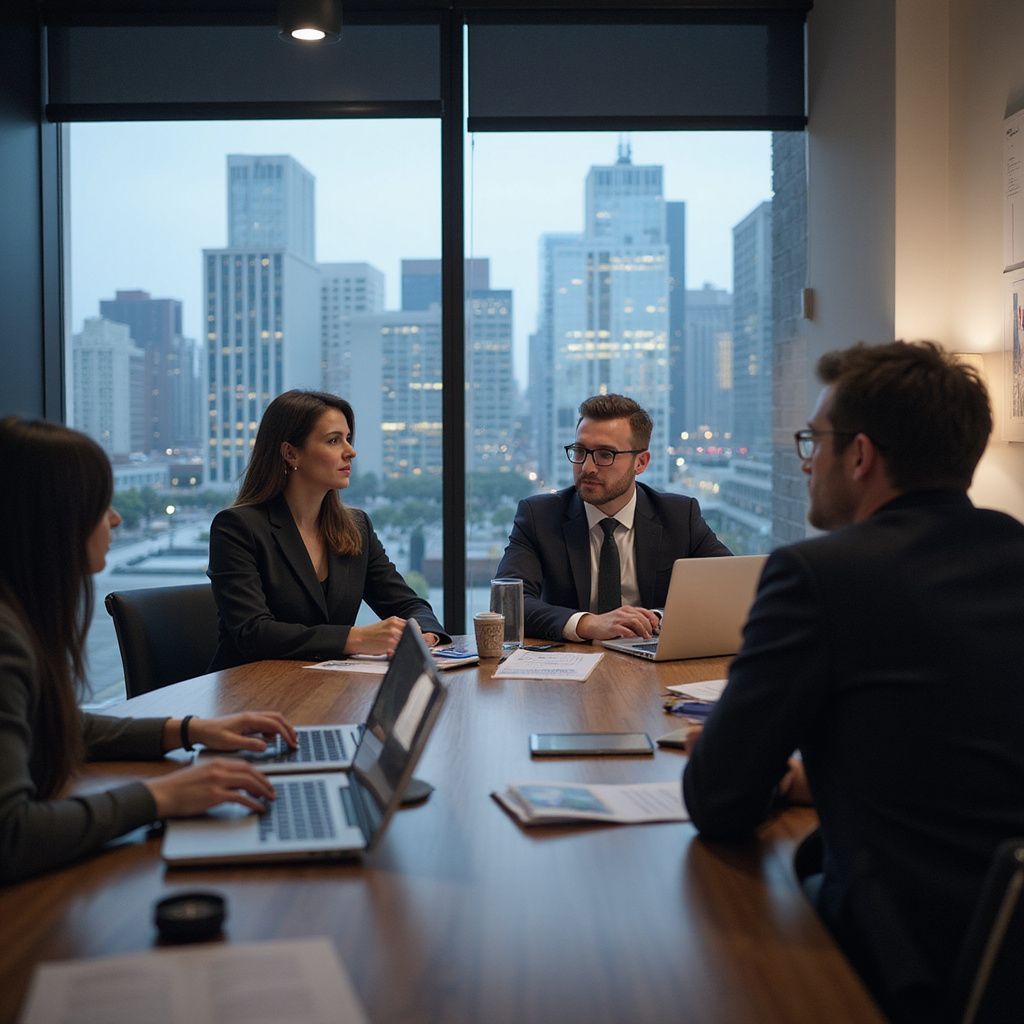 Business meeting in a modern office. Four people seated at a table, using laptops, overlooking a city skyline.