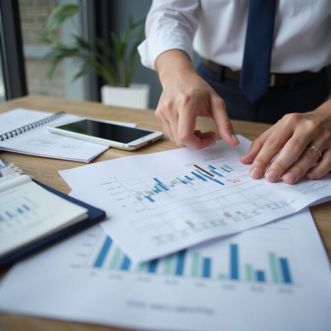 Man in white shirt and tie examines financial charts with mobile phone and notebook nearby.