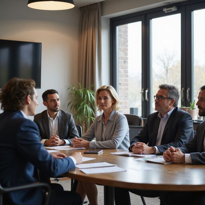 Business meeting around a table. Five people, discussing. Bright room with window and TV.
