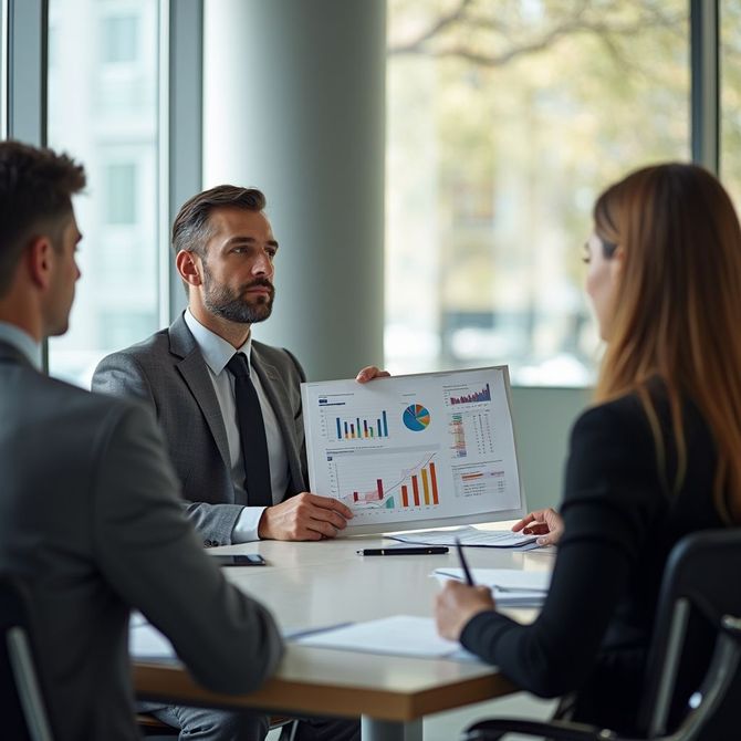 Business meeting: Man in suit presents data charts to colleagues at table.