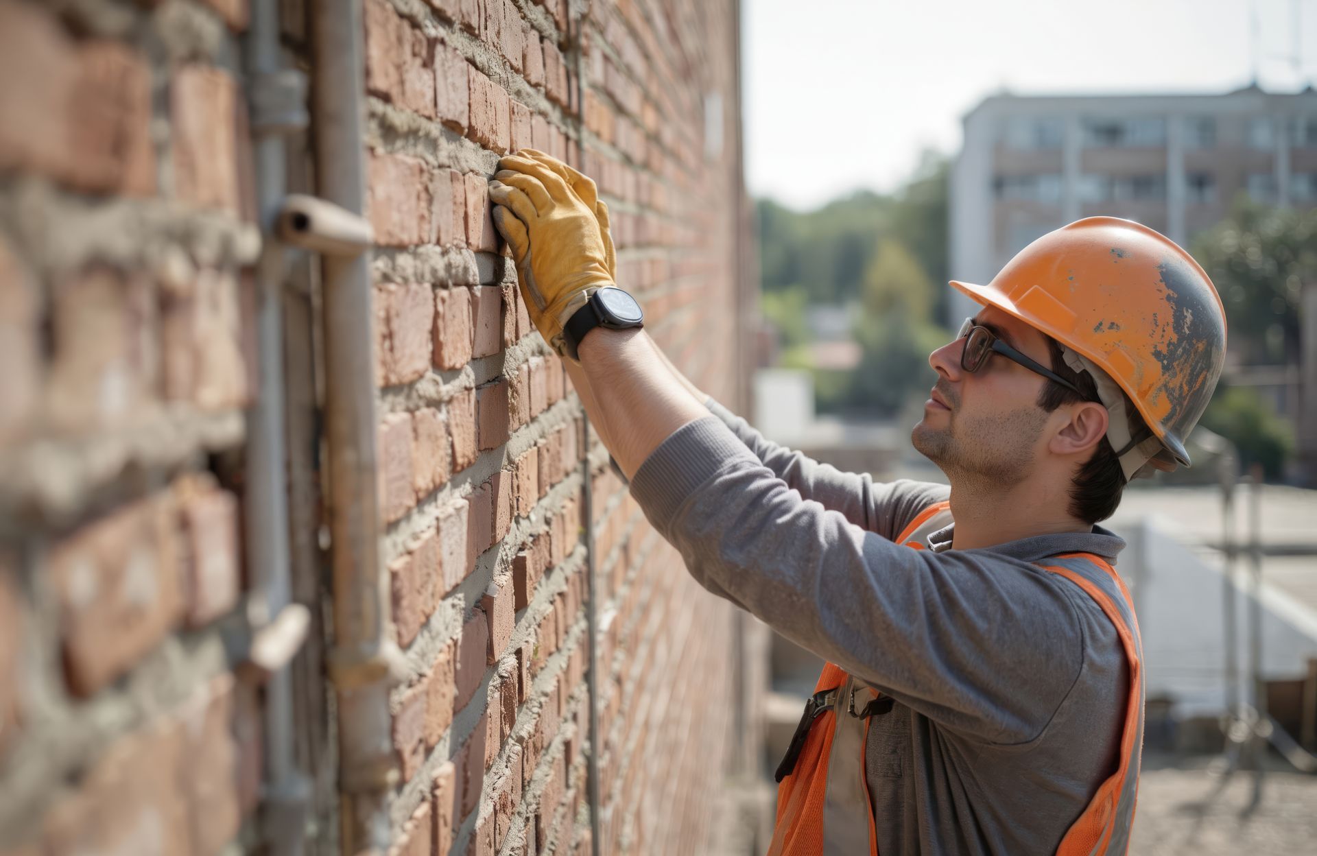 masonry contractor inspecting residential brickwork
