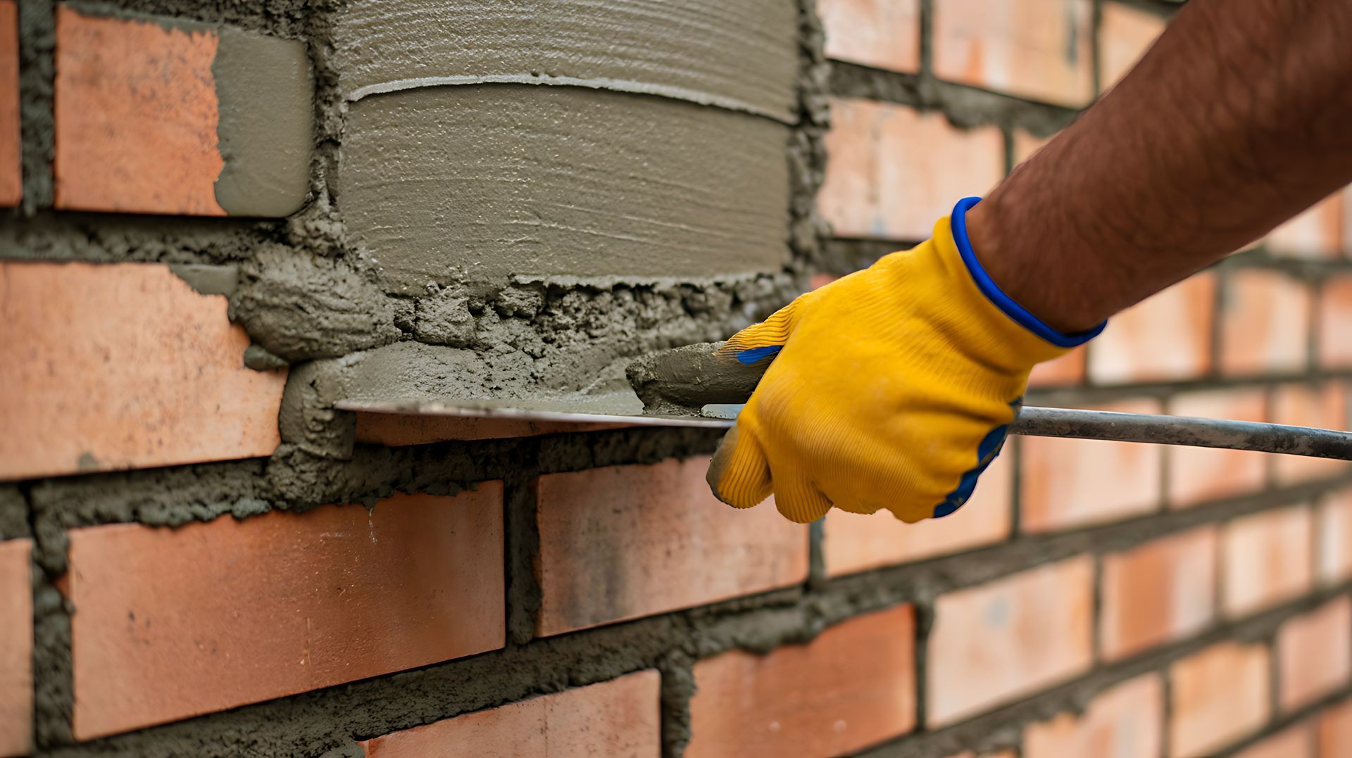 Close-up of a worker's gloved hand using a trowel for masonry repair on a red brick wall.