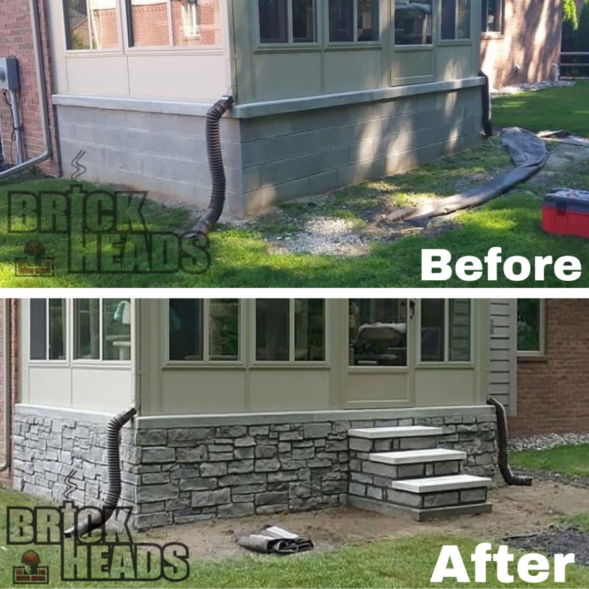 A picture of a house before and after brick heads