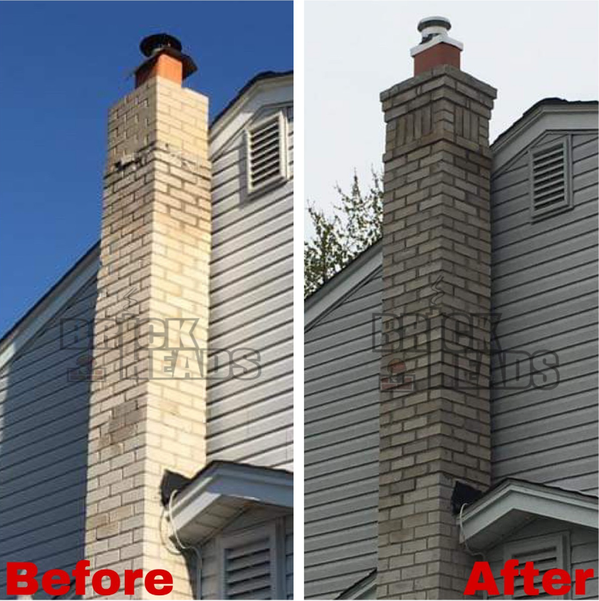 A before and after picture of a chimney on a house