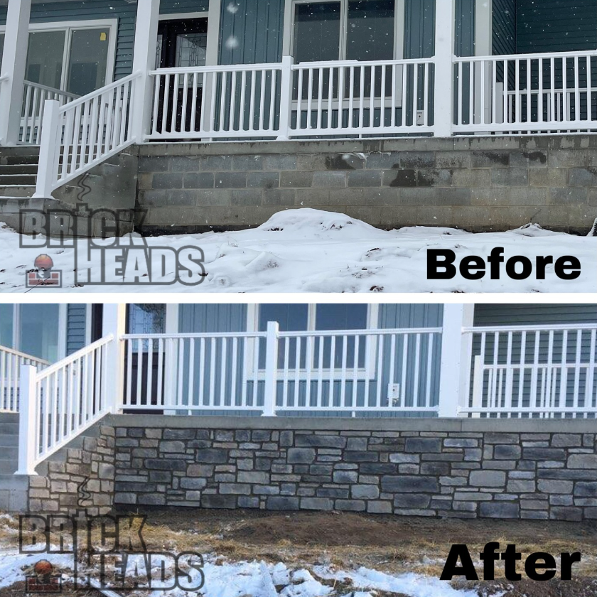 A picture of a house before and after brick heads
