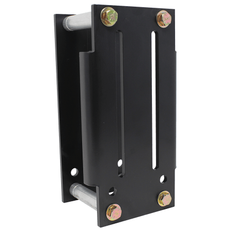 Black metal mounting bracket with four gold bolts and two silver rods.