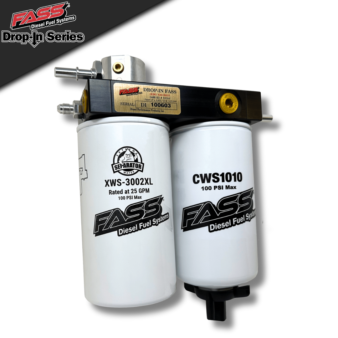 FASS Drop-in Series diesel fuel system with XWS-3002XL and CWS1010 filters mounted on a black bracket.