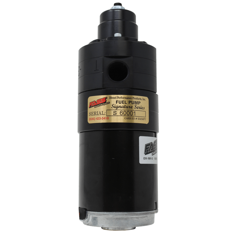 Black fuel pump with a silver base and product label.