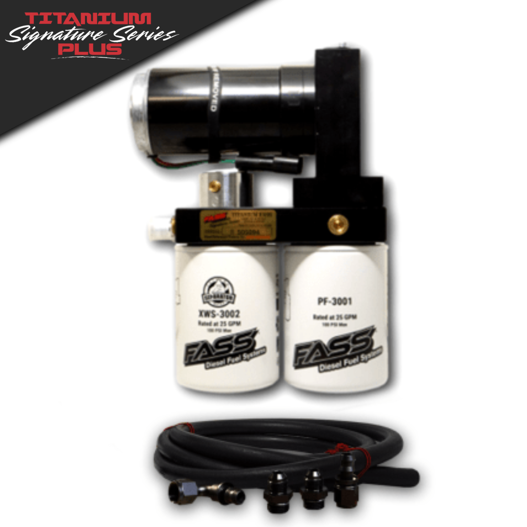 FASS Titanium Signature Series Plus diesel fuel filtration system with filters, motor, hoses, and fittings on white.