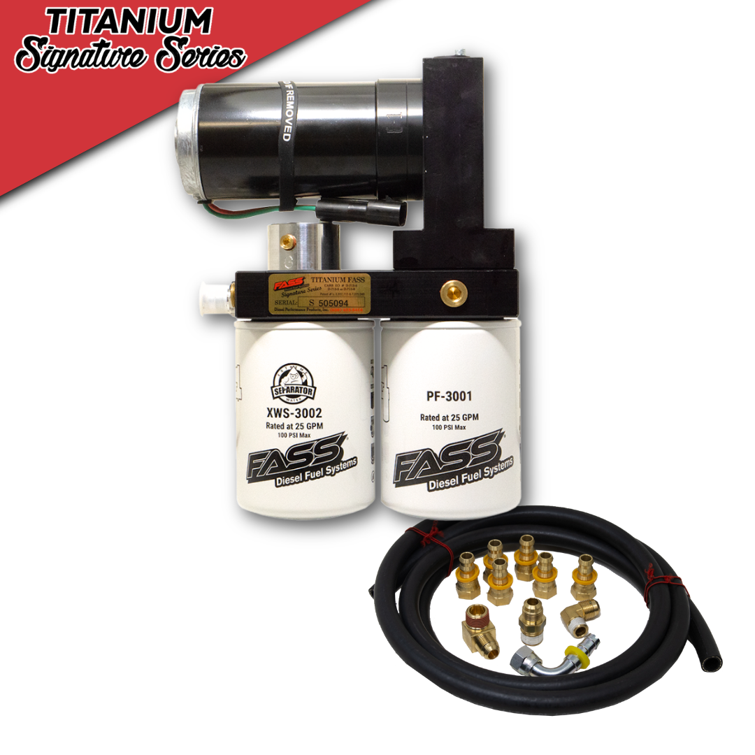 FASS Titanium Signature Series diesel fuel lift pump and filtration system with included hoses and brass fittings.
