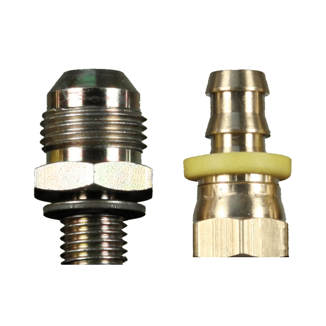 Two metal hose fittings: a threaded one and a barbed one with a yellow o-ring.