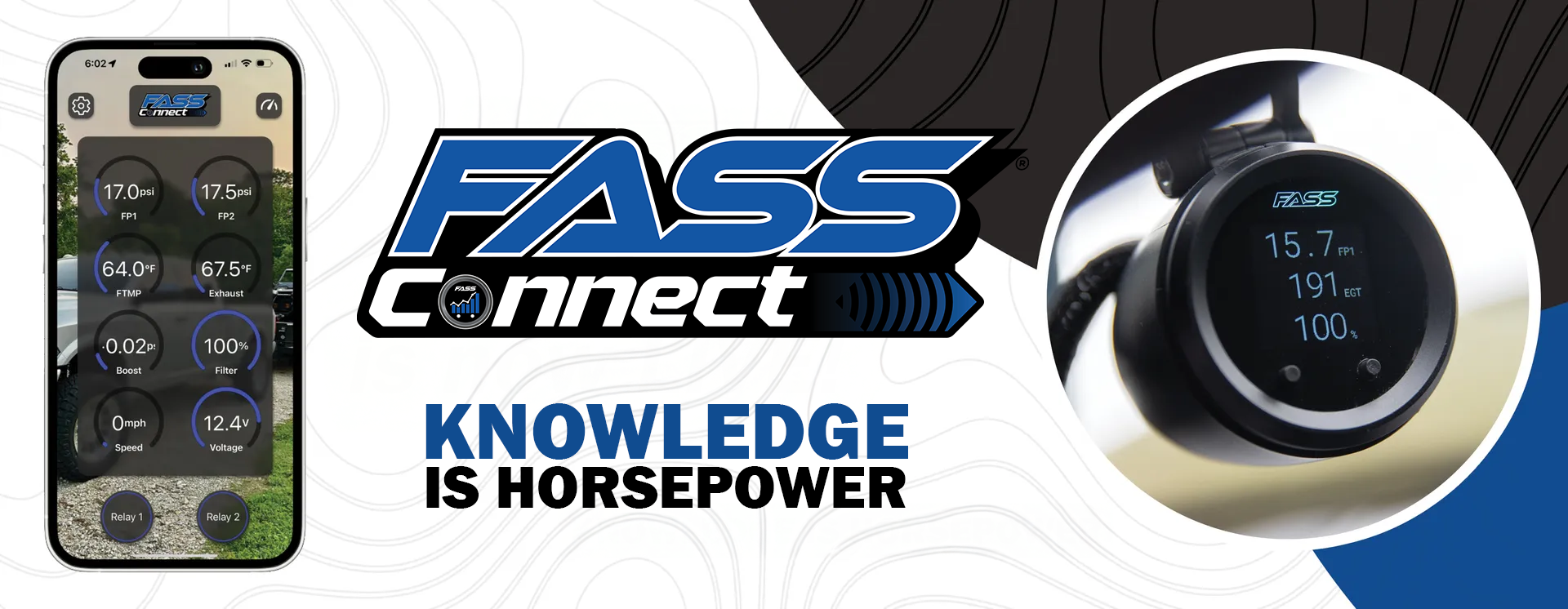 FASS Connect is live! App screen showing car data, plus a gauge on a steering wheel.