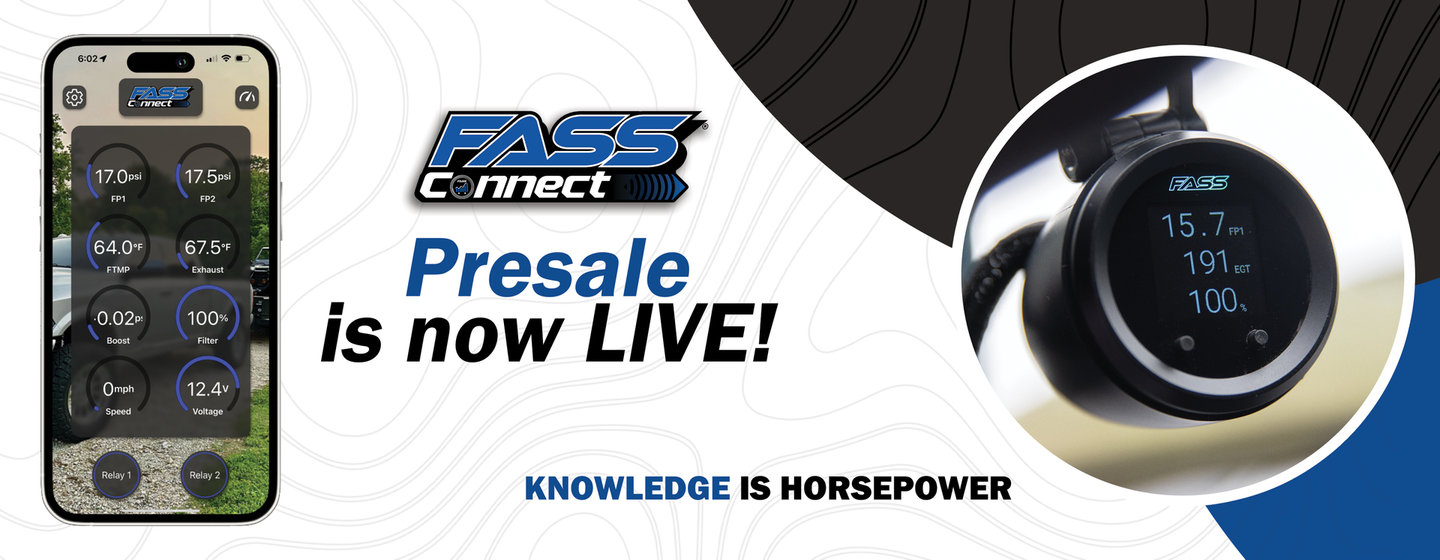 FASS Connect presale live! App screen showing car data, plus a gauge on a steering wheel. 