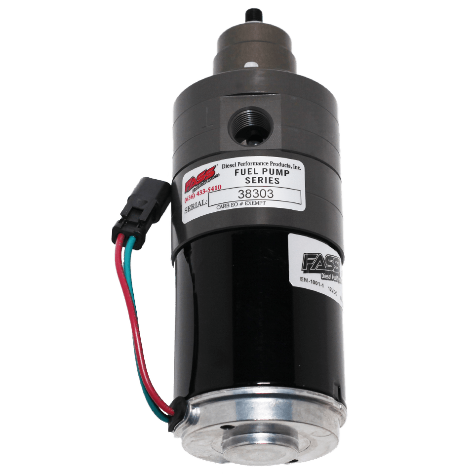 FASS diesel fuel pump in black and silver, featuring a label marked 38303 and a two-wire electrical connector.
