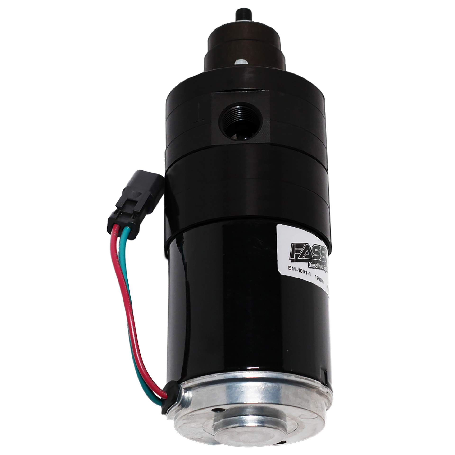 Black FASS fuel pump with a small electrical connector, standing vertically against a white background.