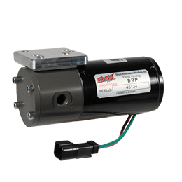 Black and gray electric fuel pump, DRP 43134, with a mounting plate and electrical connector.