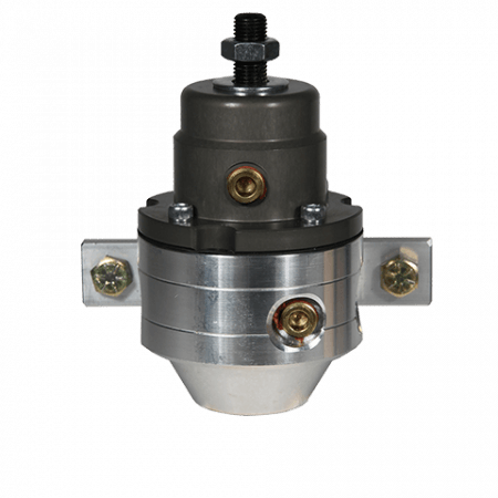 Fuel pressure regulator with aluminum and black components.