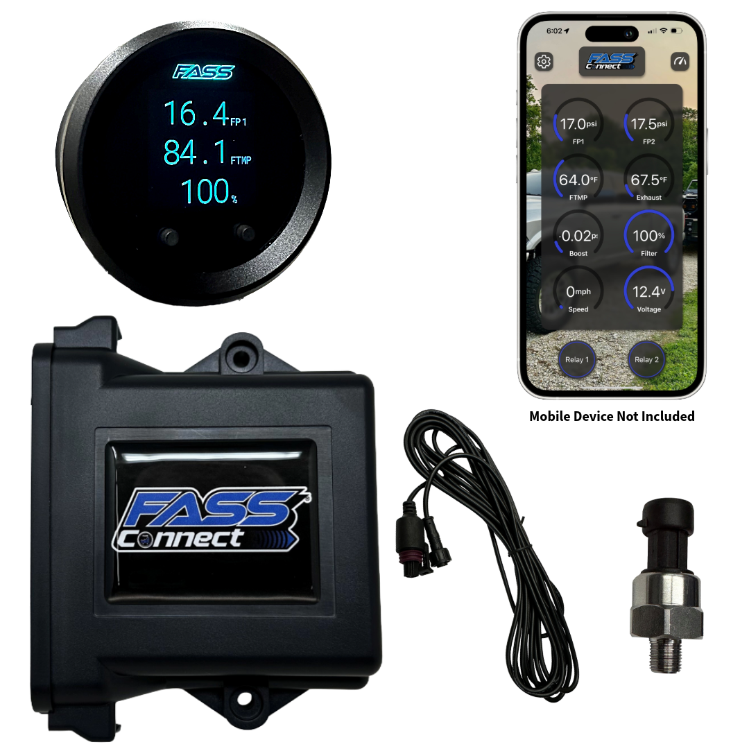 FASS Connect fuel system monitor kit with gauge, control module, wiring harness, pressure sensor, and mobile app interface.