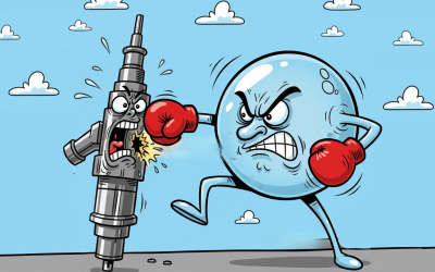 A cartoon of a spark plug fighting a ball with boxing gloves.