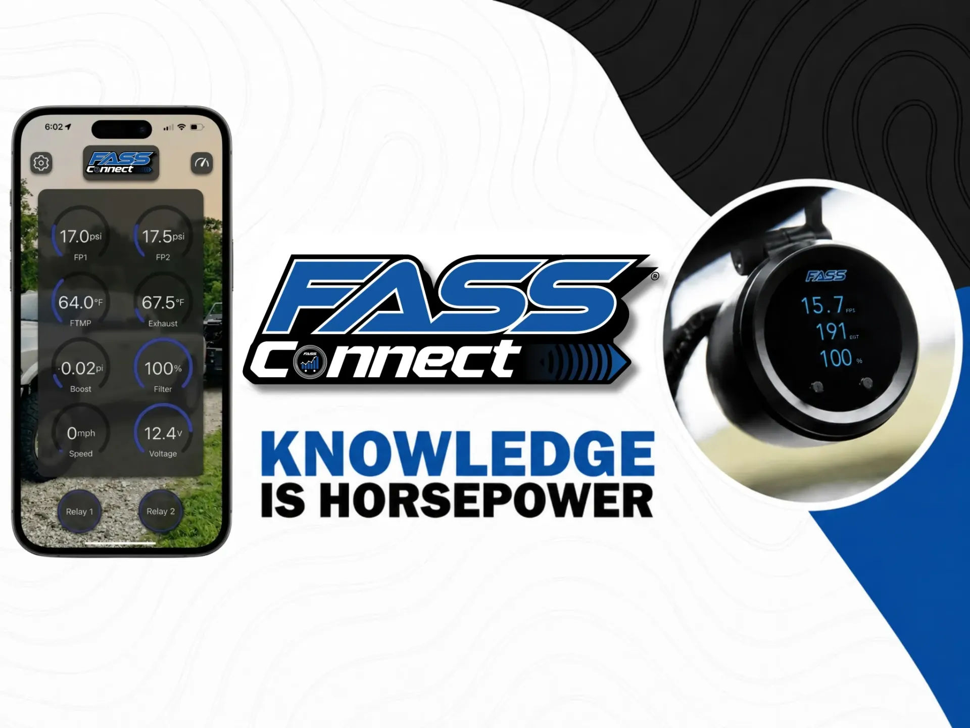 FASS Connect is live! App screen showing car data, plus a gauge on a steering wheel. 