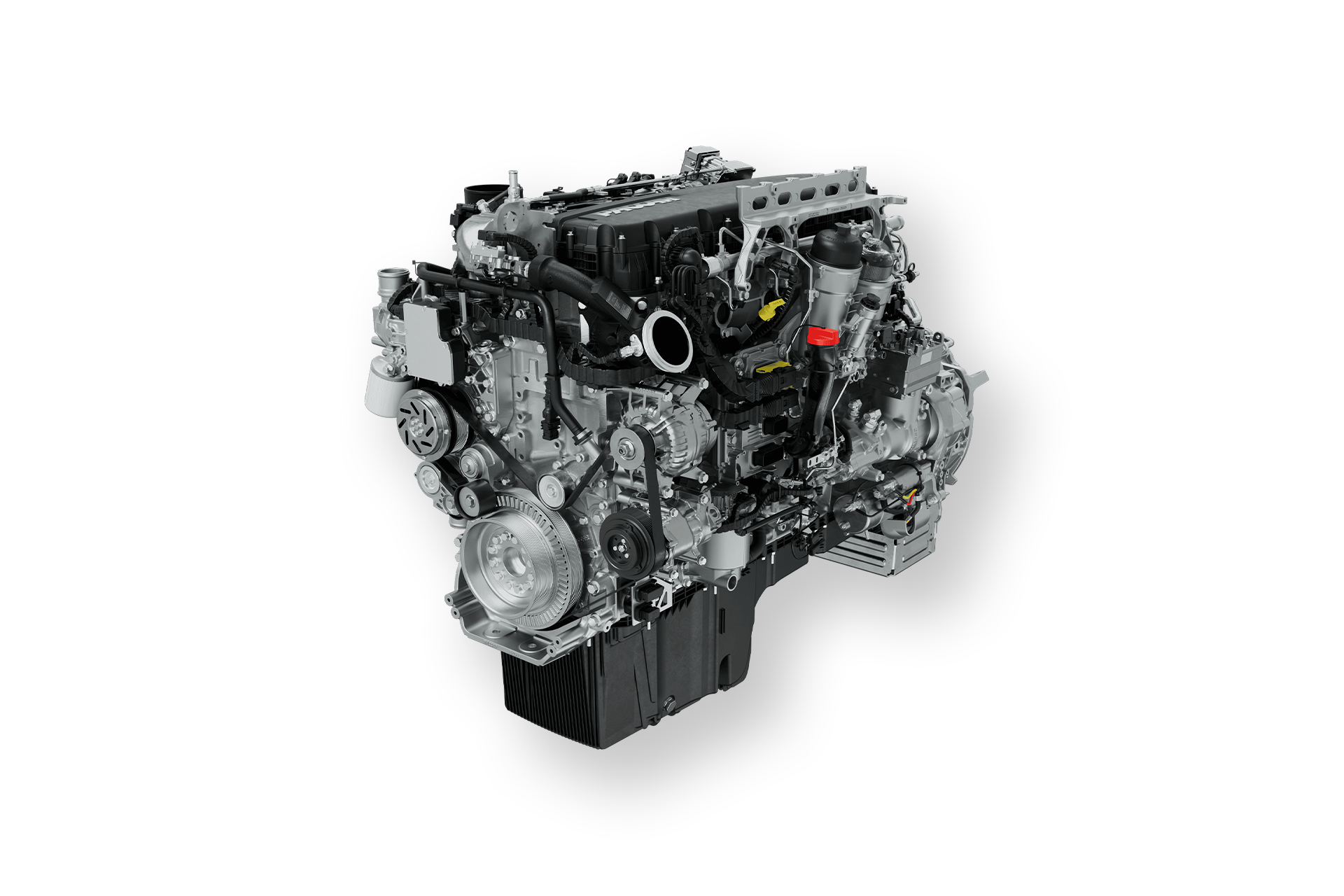 Diesel engine, gray and black, with belts, pulleys, and various components against a white background.