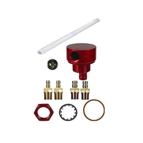 Red automotive fuel components and fittings; various shapes and sizes.