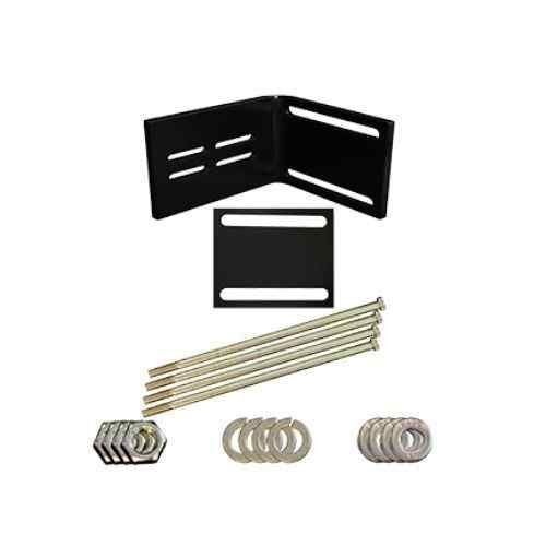 Black metal bracket set with bolts, washers, and nuts on white background.